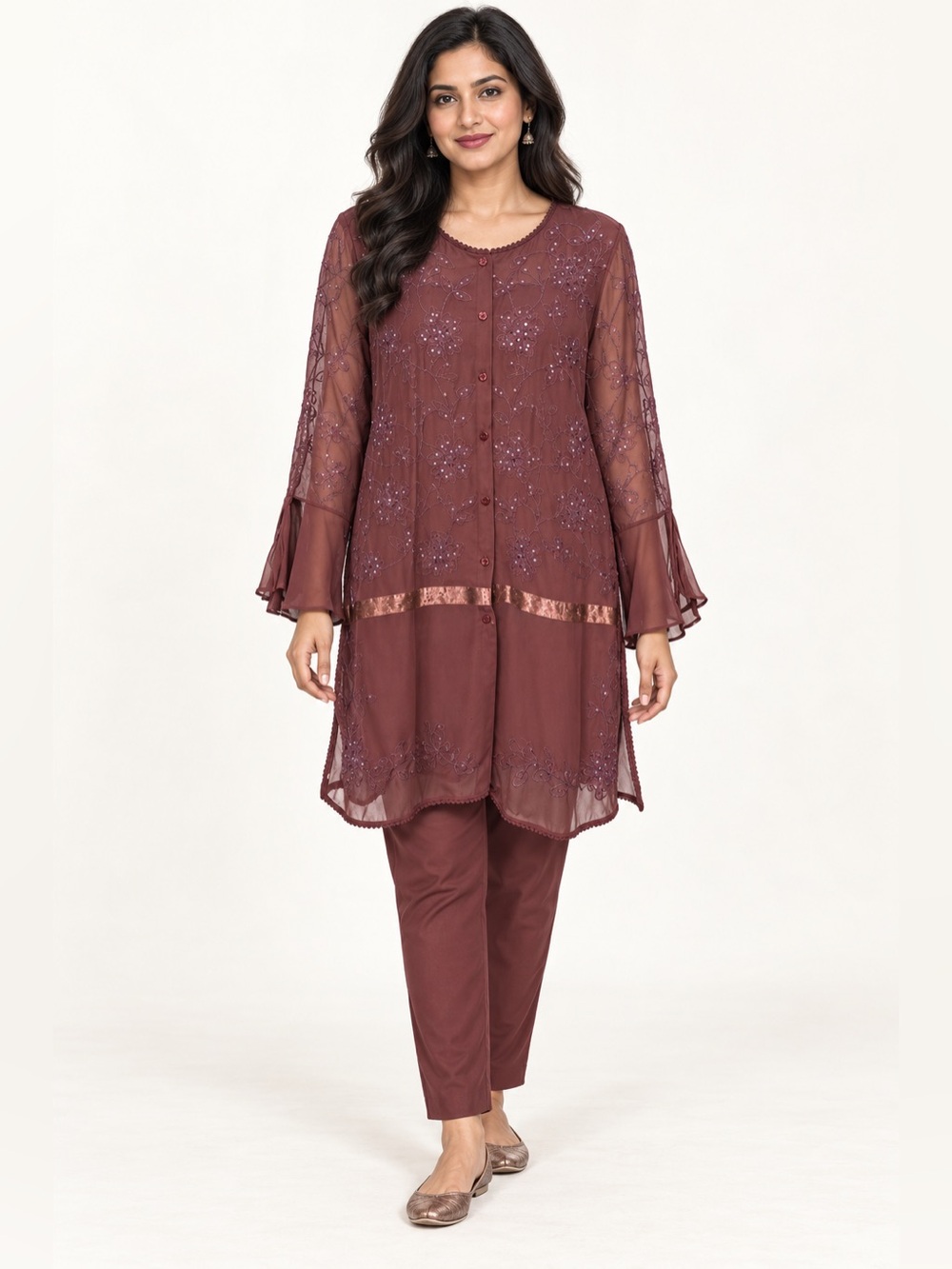 Vintage Indian Burgundy Embroidered Sequin Sheer Tunic Blouse Whimsigoth